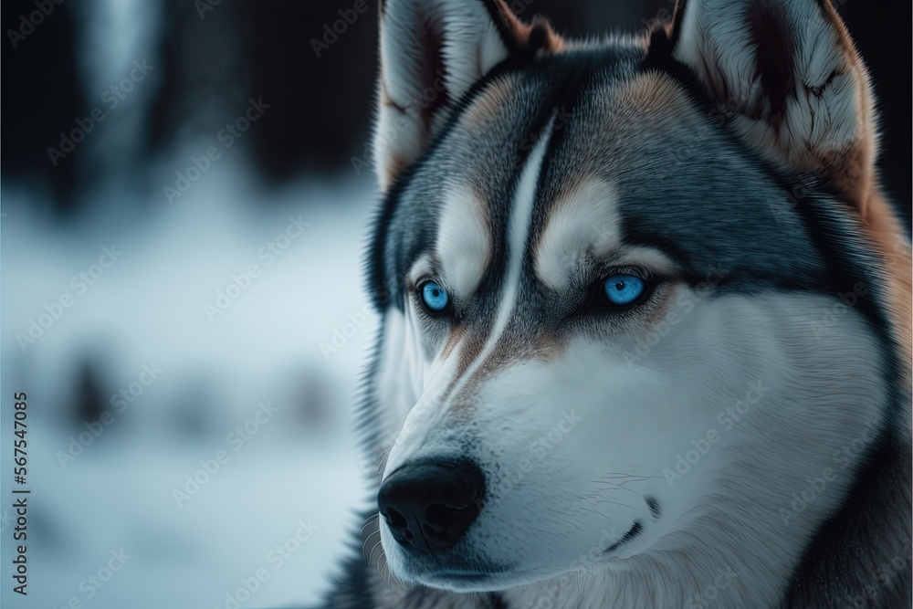 White Siberian husky in winter landscape, Generative AI