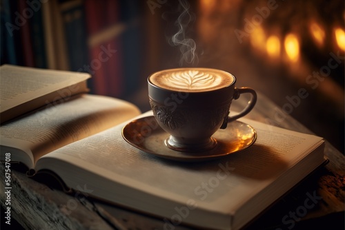 A cup of espresso coffee with book and latte art, Generative AI