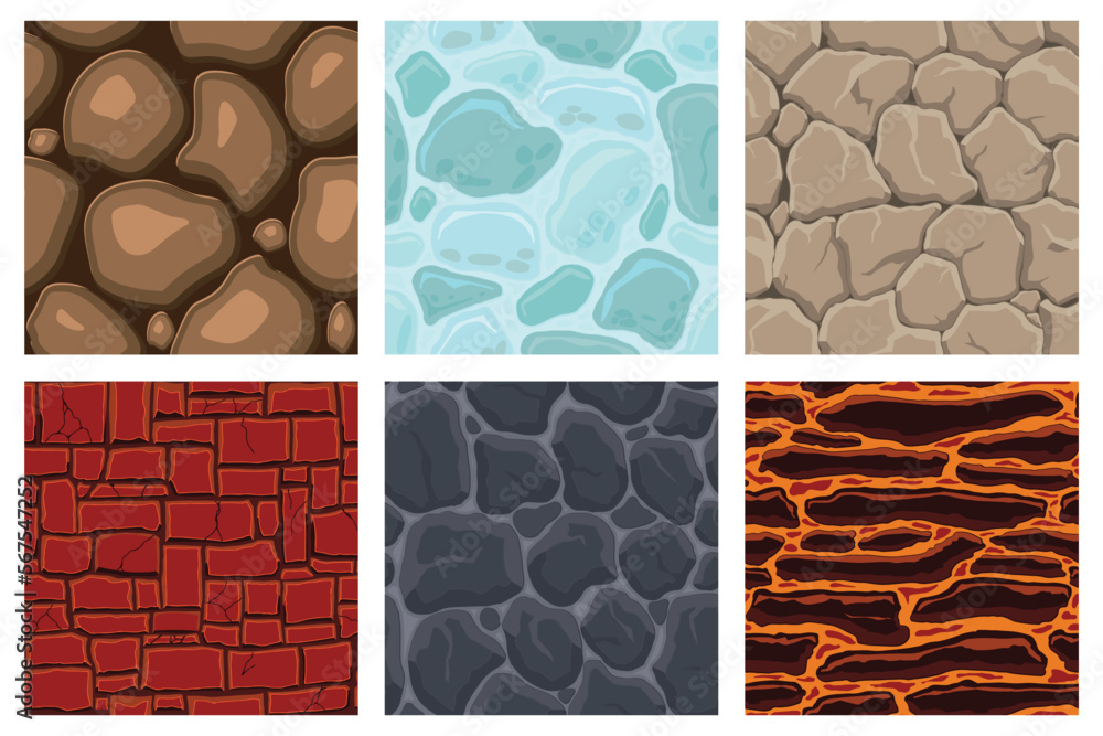 Cartoon game textures, lava, ice, rocks and brick, dirt and ground surface seamless patterns. Game assets walls and environment backgrounds