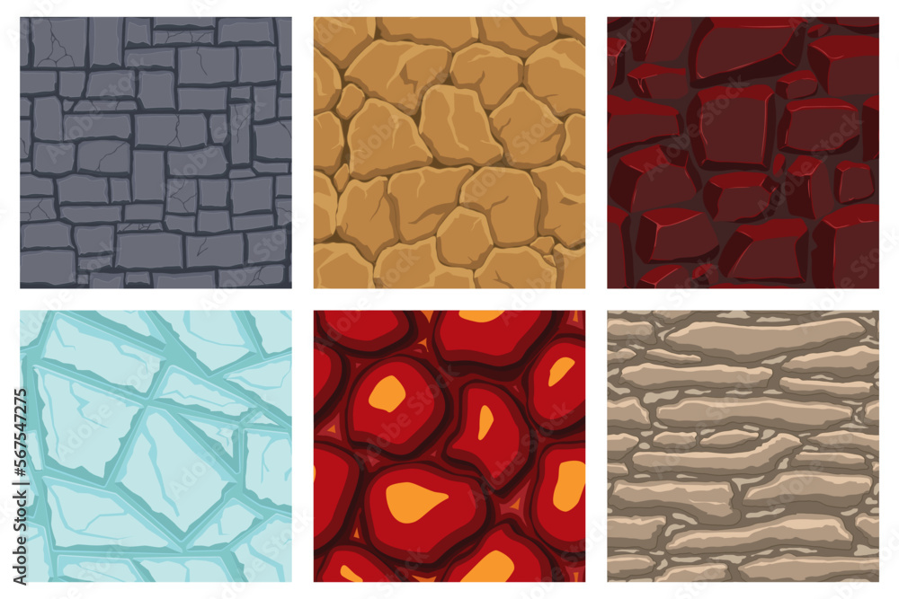 Cartoon game textures, lava, ice, rocks and brick, dirt and ground surface seamless patterns. Game assets walls and environment backgrounds