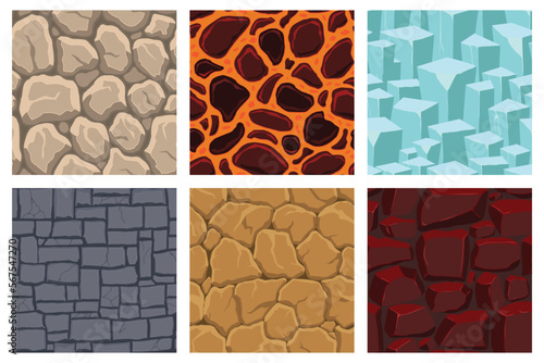 Cartoon game textures, lava, ice, rocks and brick, dirt and ground surface seamless patterns. Game assets walls and environment backgrounds