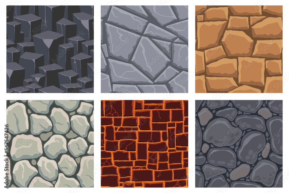 Cartoon game textures, lava, rocks and brick, dirt and ground surface seamless patterns. Game assets walls and environment backgrounds