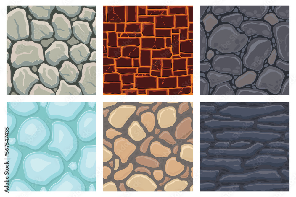 Cartoon game textures, lava, ice, rocks and brick, dirt and ground surface seamless patterns. Game assets walls and environment backgrounds