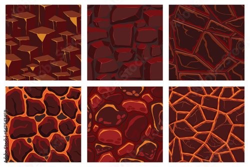 Cartoon game textures, lava surface seamless patterns. Game assets walls and environment backgrounds