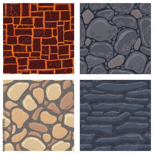 Cartoon game textures, lava, rocks and brick, dirt and ground surface seamless patterns. Game assets walls and environment backgrounds