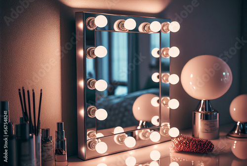 Make up products on a modern vanity table with a mirror surrounded by Hollywood style lights. Interior design. Generative ai