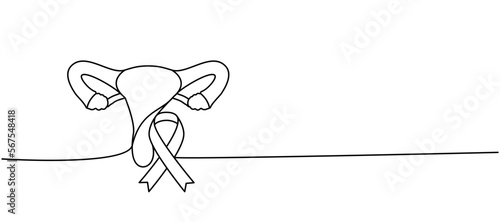 Human reproductive system with ribbon one line continuous drawing. Cancer awareness ribbon, AIDS tape continuous one line illustration.