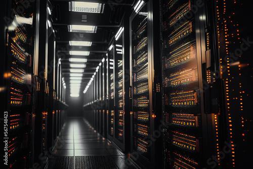 A shot of a long corridor of a server room in a data centre. Generative ai
