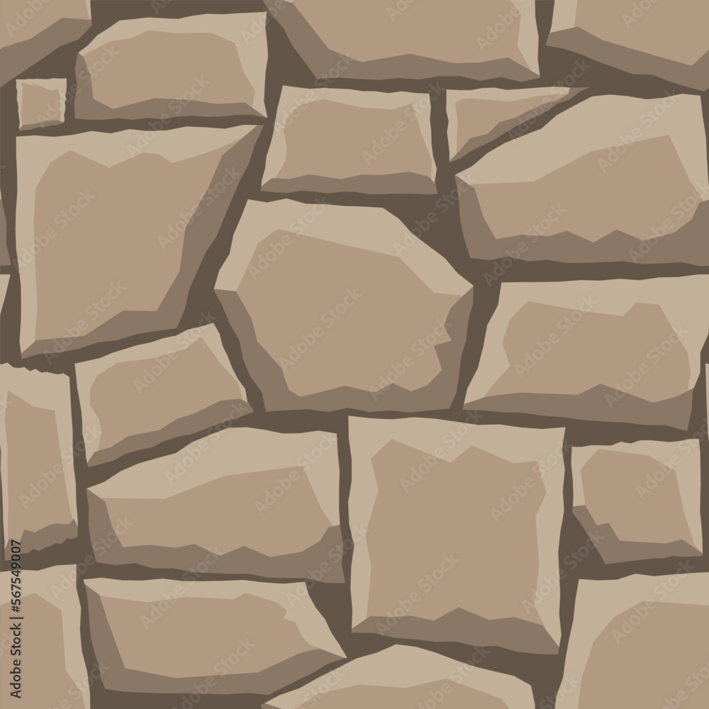 Cartoon game texture, rocks, dirt and ground surface seamless pattern. Game asset wall and environment background