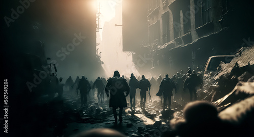 A group of zombies in Destroyed post-apocalyptic city. digital ai art