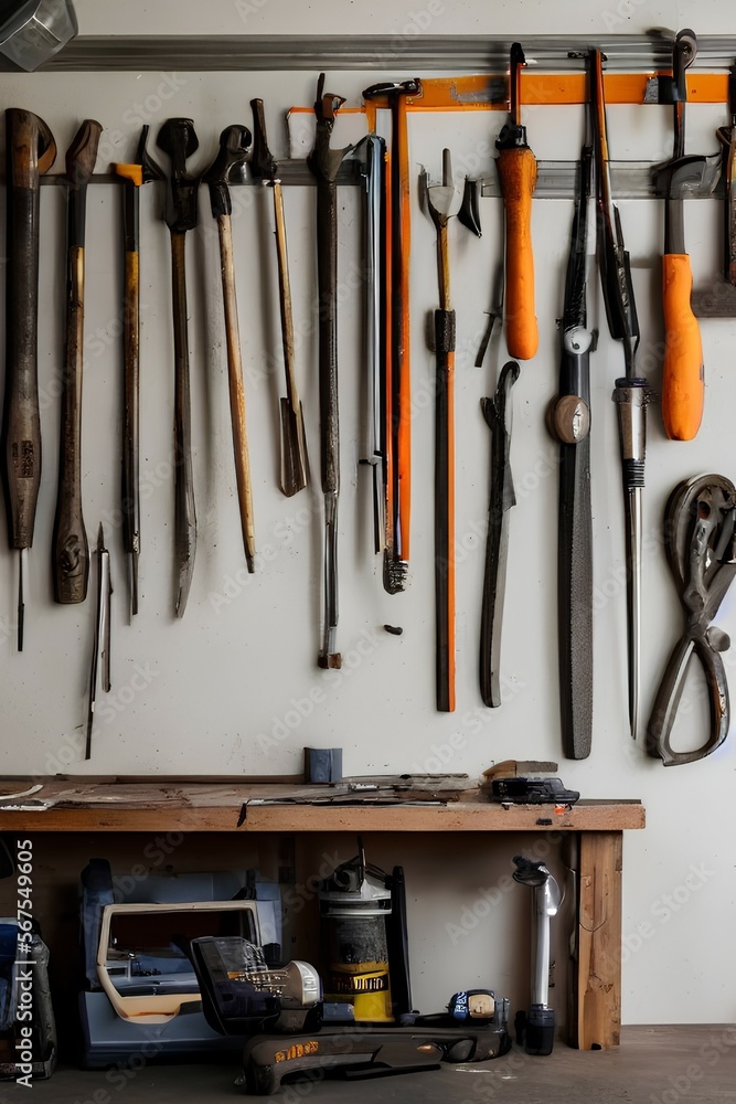 Workshop scene. Old tools hanging on the wall in the workshop, table and tool rack against the wall, vintage garage style - generative ai Workshop scene. Old tools hanging on the wall in the workshop, table and tool rack against the wall, vintage garage style - generative ai