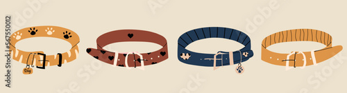 Set of different collars for cats and dogs. Accessories for pets. Vector hand drawn illustration