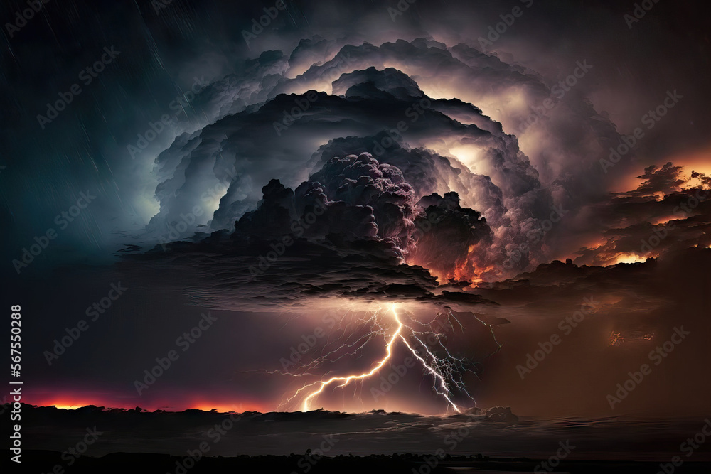 Dark, thunderous sky with black clouds and lightning flashes. sweeping perspective Weather, natural disasters, storms, typhoons, tornadoes, thunderstorms, and lightning are the themes of this concept