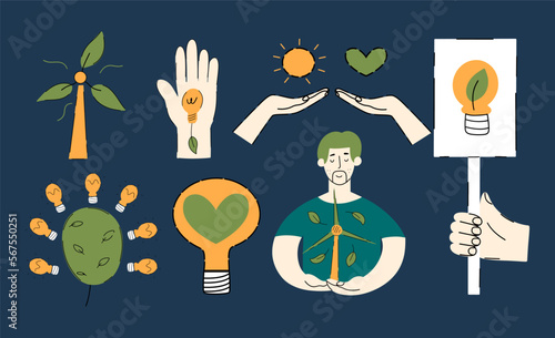 Conceptual ESG icons. Sustainable environment green icons set with hands, windmill, energy, man. Vector hand drawn illustration photo