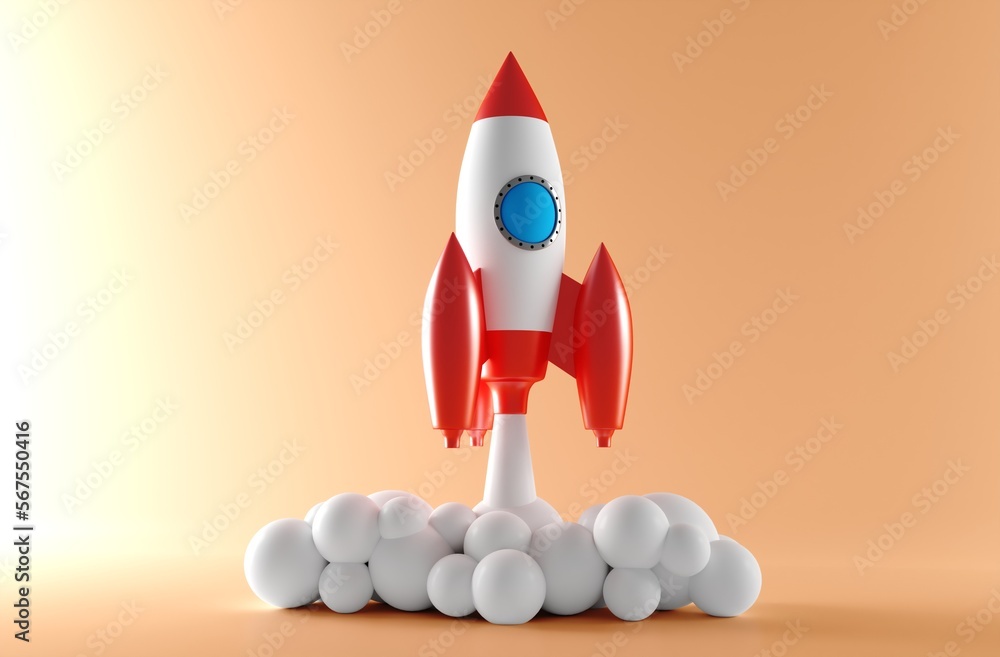 3D Rocket launch on orange background, Spaceship icon, startup business concept. 3d rendering.
