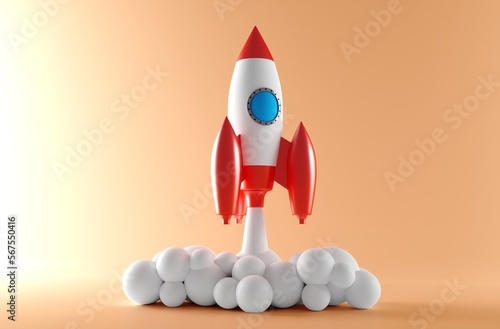 3D Rocket launch on orange background, Spaceship icon, startup business concept. 3d rendering. 