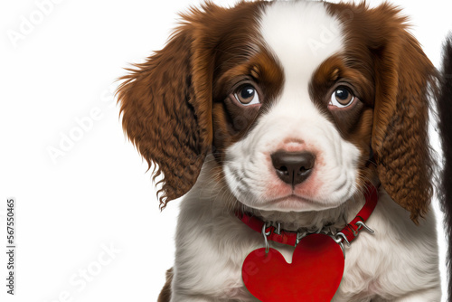 dog five group banner Puppy adore wearing a red diadem in the shape of a heart to celebrate Valentine's Day. On a white background, alone. Generative AI