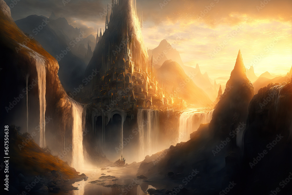 Digitally created inspirational image of a city of white elves with ...