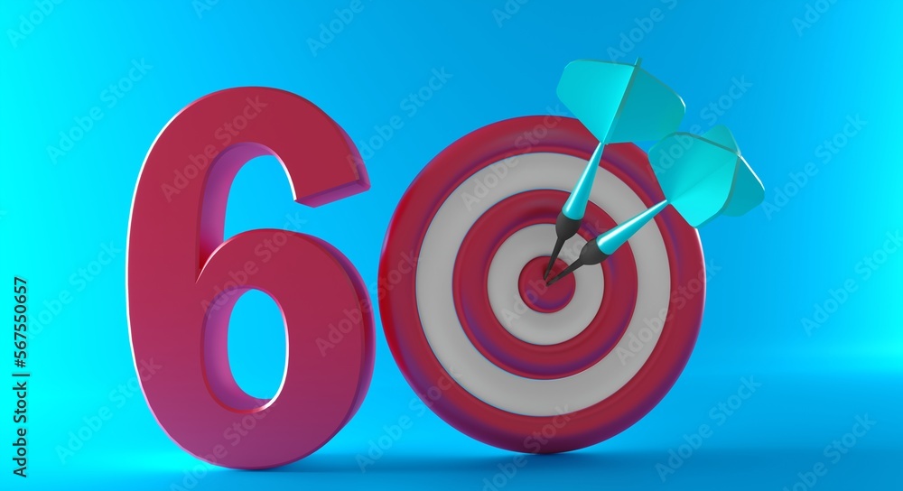 60 Number Text with small dartboard on white background 60 number 3d 60 Number Text with small dartboard on white background 60 number 3d