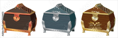 Realistic treasure chest for games in vector high quality. Isolated on transparent background. Gold, Silver and bronze