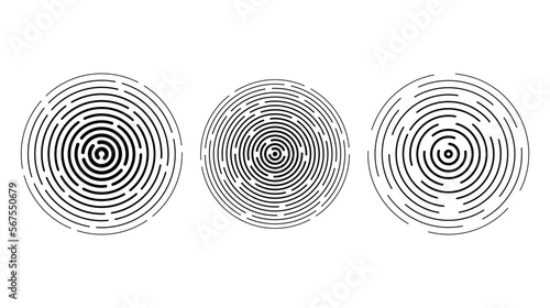 Concentric circle segments set. Rippled round patten background. Sonar or sound wave rings collection. Epicentre, target, radar icon concept. Radial signal or vibration elements. 