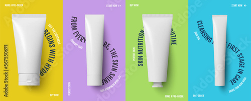 Cover of social media photorealistic set of creams on colored backgrounds conceptual layout of a template for beauty cosmetics for skin care