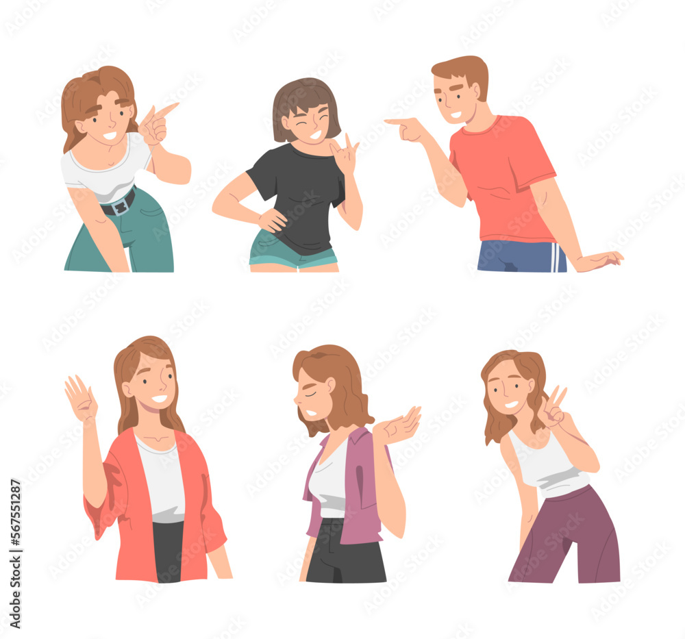 Smiling People Character Showing Different Hand Gesture Vector Illustration Set Smiling People Character Showing Different Hand Gesture Vector Illustration Set