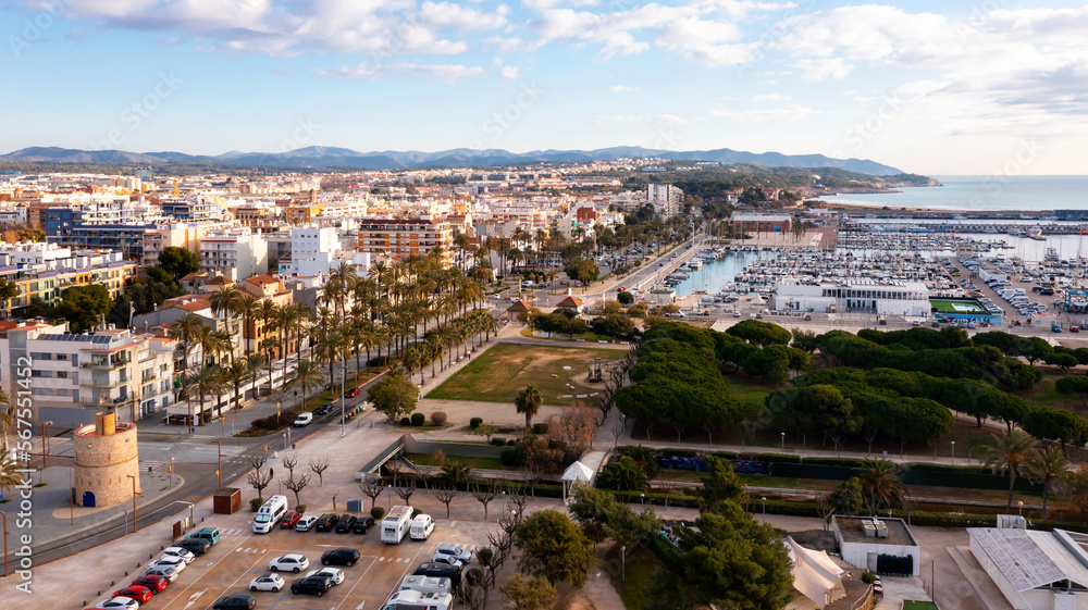 Aerial photo of Vilanova i la Geltru with view of quay on shore of Mediterranean Sea.