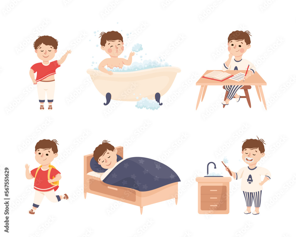 Little Boy Engaged in Daily Activity and Everyday Routine Vector Set Little Boy Engaged in Daily Activity and Everyday Routine Vector Set