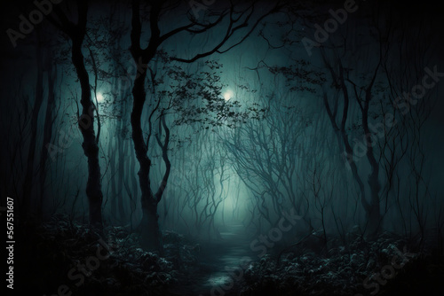 Dark nighttime woodland. Generative AI