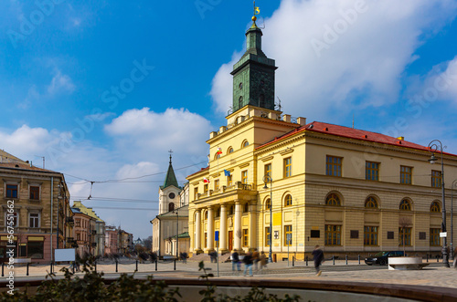 Lublin cityscape overlooking Classical architectural style building of New Town Hall in sunny spring day  Poland