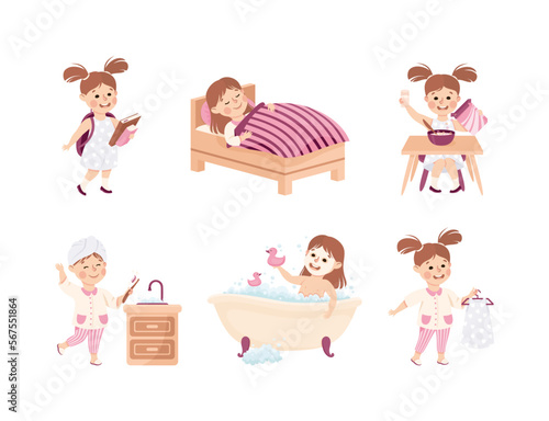 Little Girl Engaged in Daily Activity and Everyday Routine Vector Set