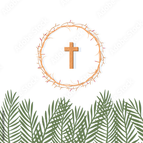 Palm Sunday concept. Palm branches, Cross and the Crown of Thorns