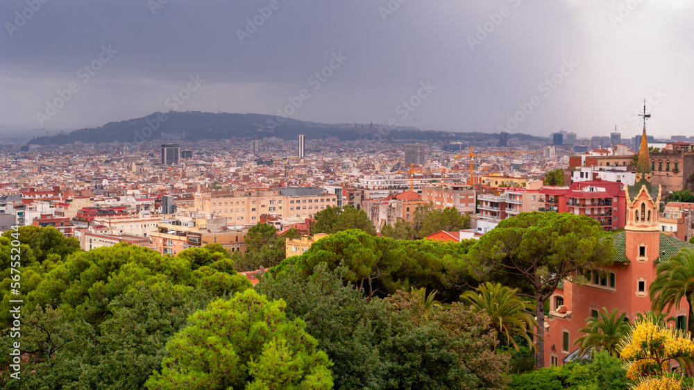 Cityscape from Park Guell Barcelona Spain.