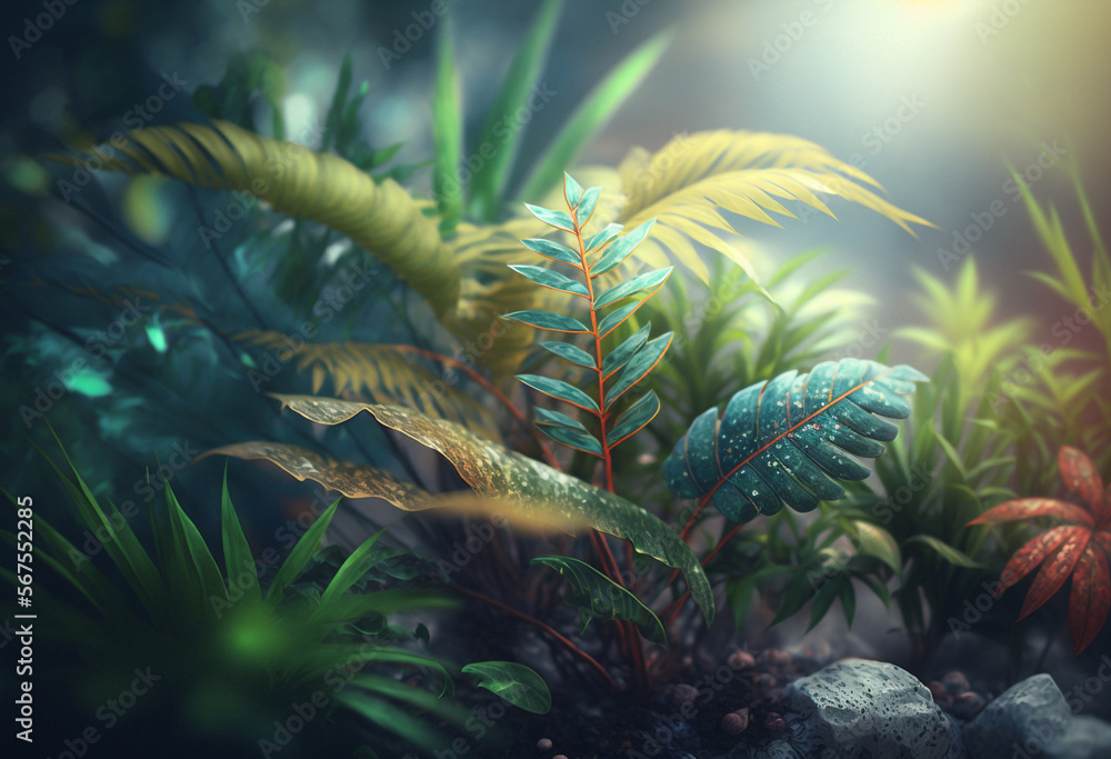 Vibrant Artificial Jungle A Realistic AIGenerated Render of Exotic Tropical Flora, Foliage