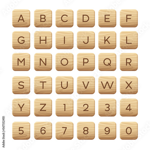 Wooden tiles alphabet. Square block with letters and numbers. Game asset, puzzle or crossword games UI, vector illustration