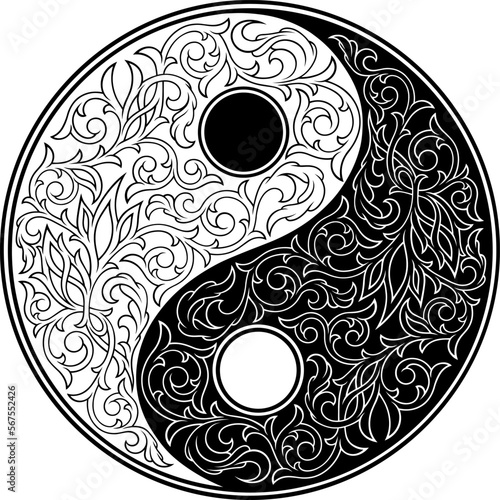 Stylized Victorian Gothic ornamental yin yang symbol. Intricate design element, decor, tattoo, silhouette type pattern. Highly detailed and accurate lines for print or engraving