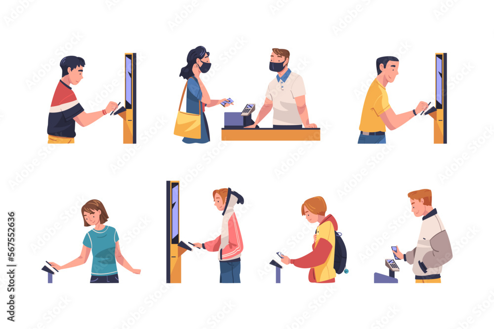 People Character Using Contactless Payment with Smartphone for Coronavirus Prevention Vector Set People Character Using Contactless Payment with Smartphone for Coronavirus Prevention Vector Set