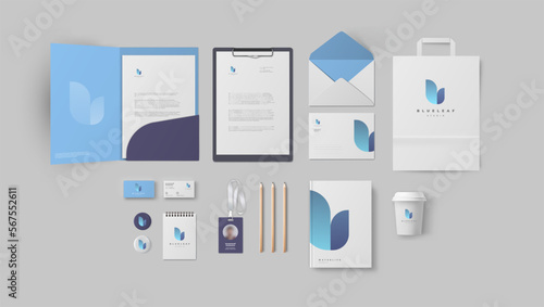 Modern branding design template in blue pastel colors for business company or studio, corporate style big bundle with folder and A4 form, stationery and business card