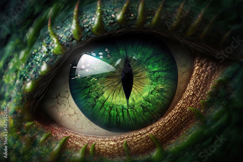 Digitally realistic painting of a green dragon's eye. Generative AI