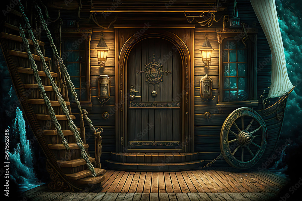 Obraz premium Deck of a pirate ship with a door to the captain's quarters and stairs leading to the galley,. Generative AI