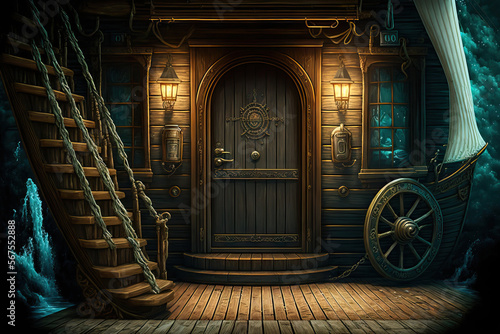 Fotografia Deck of a pirate ship with a door to the captain's quarters and stairs leading to the galley,