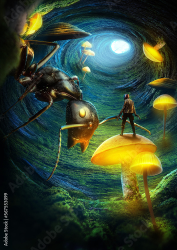 illustration of a fantasy scene of a hero man face to face with a giant ant in its burrow