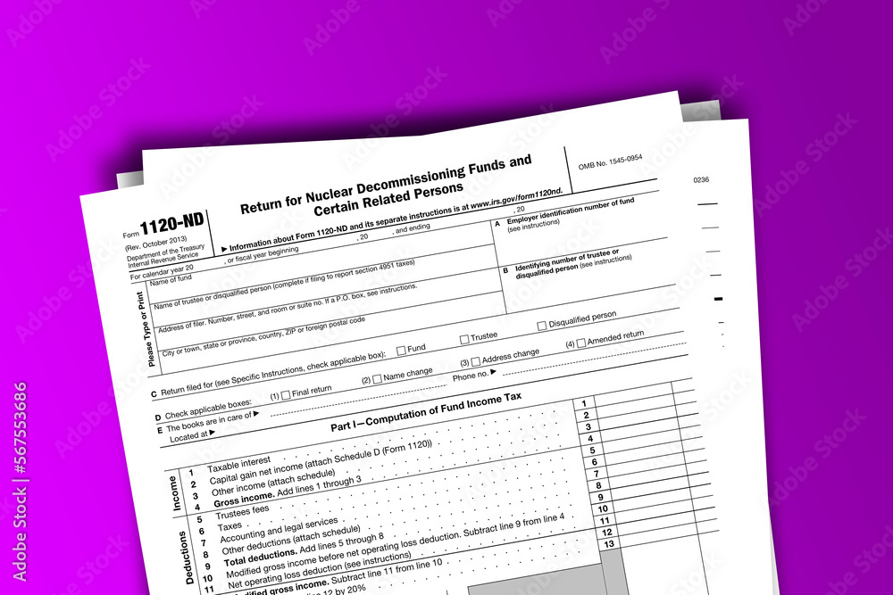 Fototapeta premium Form 1120-ND documentation published IRS USA 10.16.2013. American tax document on colored