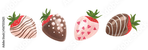 Set of isolated watercolor and gouache elements. Valentine's day.  Sweets. Chocolate-covered strawberries. Color illustration. The print is used for packaging design