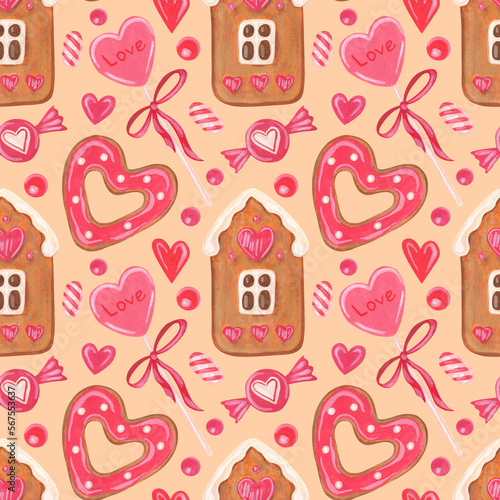 Seamless pattern with sweets. Lollipops in the form of a heart on a stick. Gingerbread. Gingerbread house. Symbols of Valentine's day. Color illustration. Watercolor and gouache illustration.