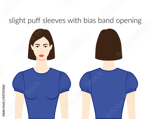 Slight puff sleeves short clothes character beautiful lady in blue top, shirt, dress technical fashion illustration, fitted body. Flat apparel template front, back sides. Women, men unisex CAD mockup