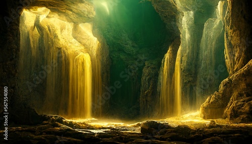イラスト 絵画 神秘的な洞窟 ファンタジー 滝 泉, generative ai