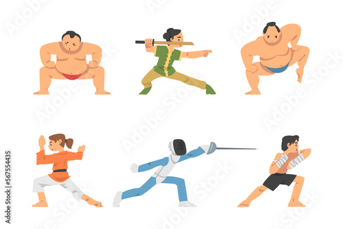 People Character Engaged in Combat Sport or Fighting Sport Competing Vector Illustration Set