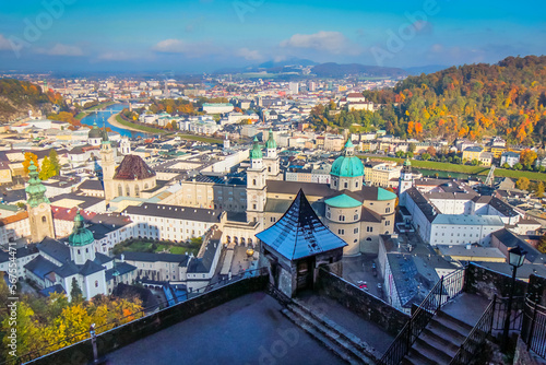 Salzburg medieval old town towers and domes at autumn, Salzburger land, Austria